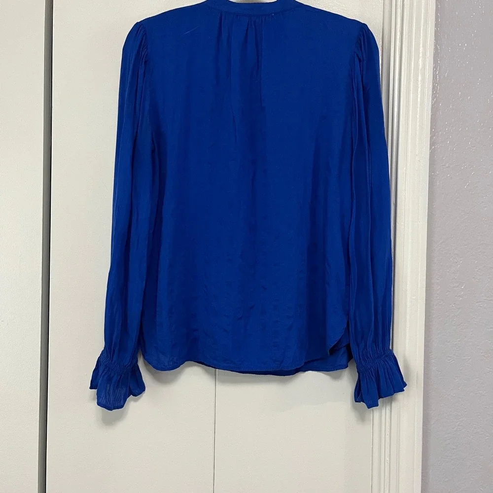 LOFT Ruffle Cuff Blouse V-Neck Long Sleeve Top Royal Blue Size‎ Small - Picture 2 of 4